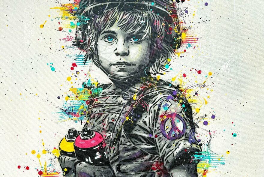 Street artist artwork of a child holding cans of spray paint.