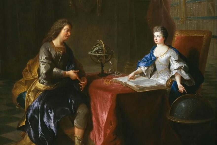 Eighteenth-century painting of two people seated at a velvet-covered table with a book and globe.