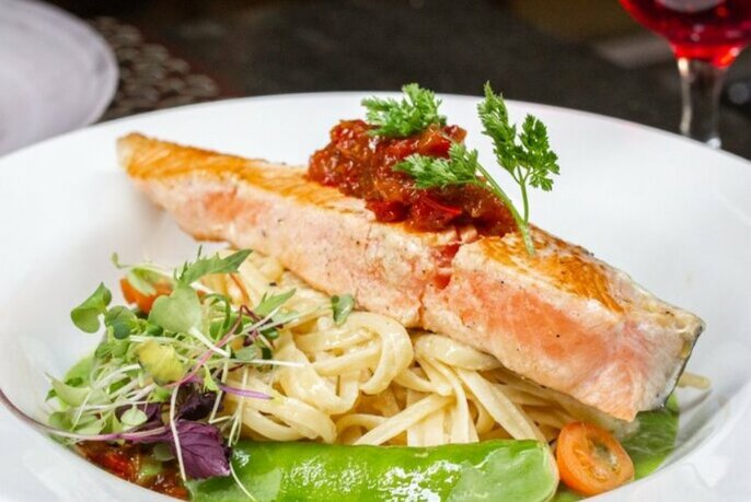Salmon and pasta.
