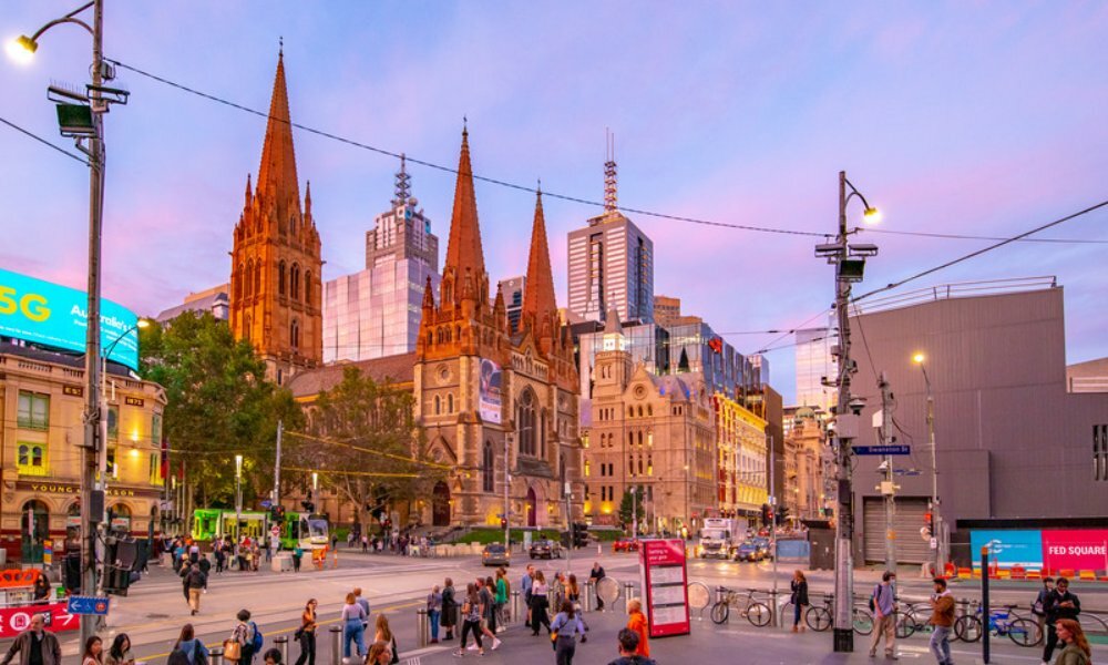 Wide skyline shot of historic buildings in Melbourne.