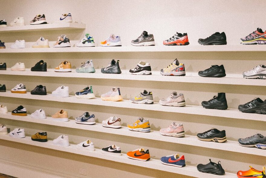 A shop wall lined with six rows of different coloured sneakers.