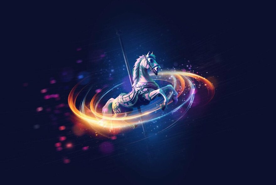 A merry-go-round carousel horse spinning in space.