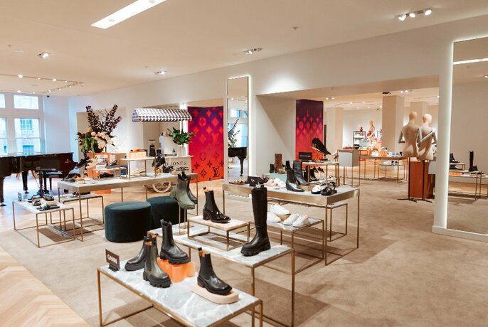 Inside David Jones in the shoe department with sparse displays.