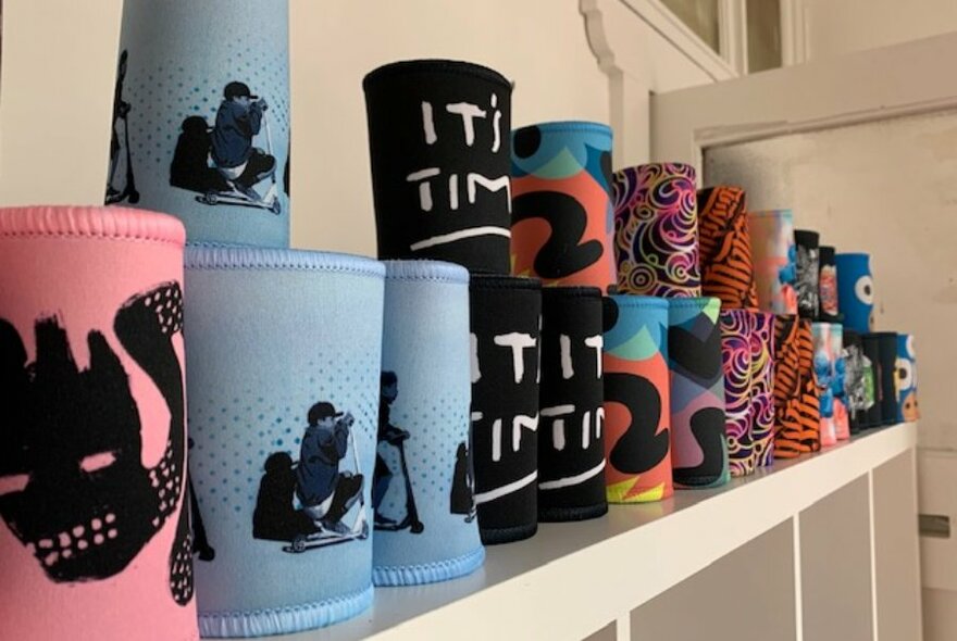 Brightly coloured stubby holders with street art designs on them, on a display shelf in a shop.