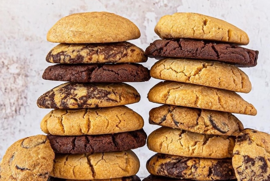 A stack of vegan cookies on display against a white background.