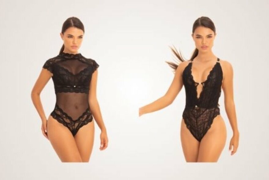 Two women modelling lingerie bodysuits.
