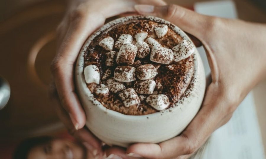 A person's hands holding a mug of hot chocolate