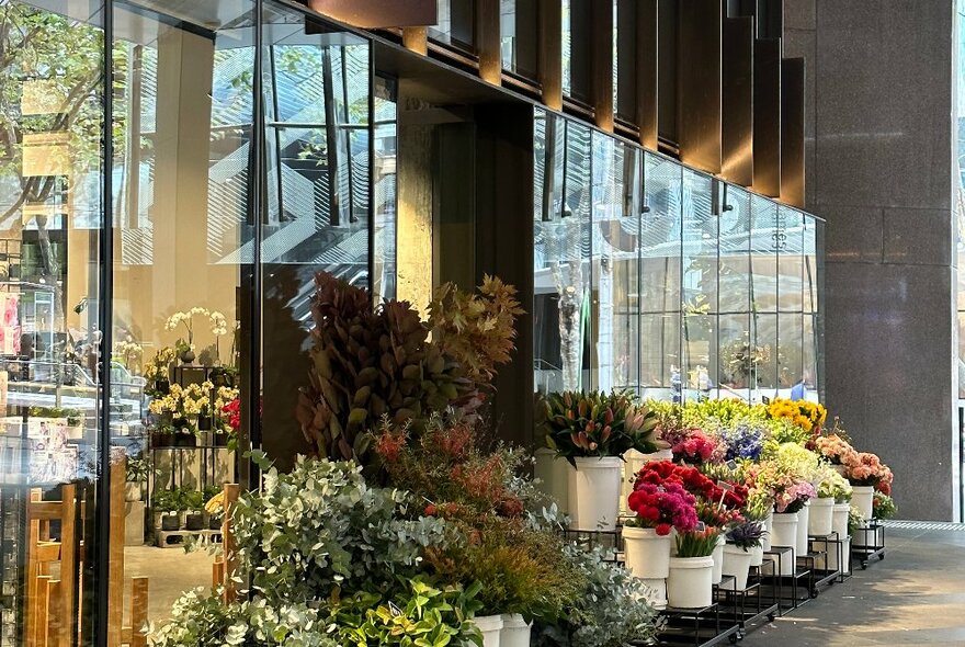 The exterior of a florist shop, with white bucket of assorted flowers on display against a large glass window.