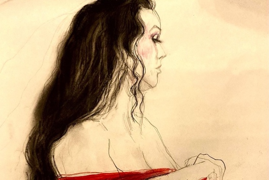 Hand-drawn sketch of a woman with long brown hair and bare shoulders.