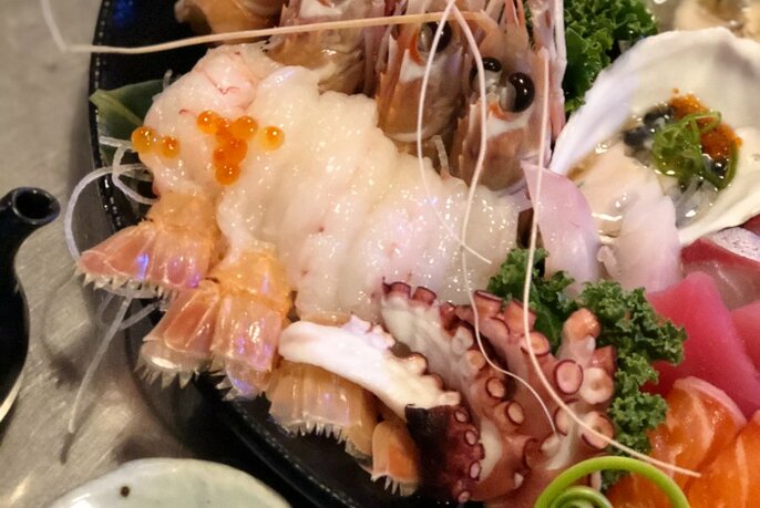 Close up of sashimi platter.