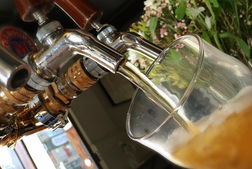 Draught beer being poured from a tap in a bar,
