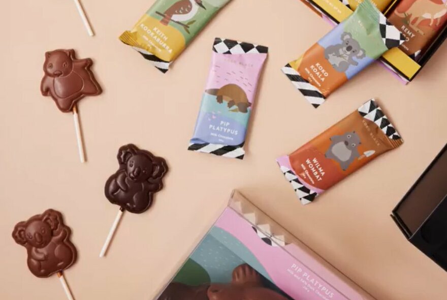 A selection of animal shaped chocolates on sticks and in wrappers.