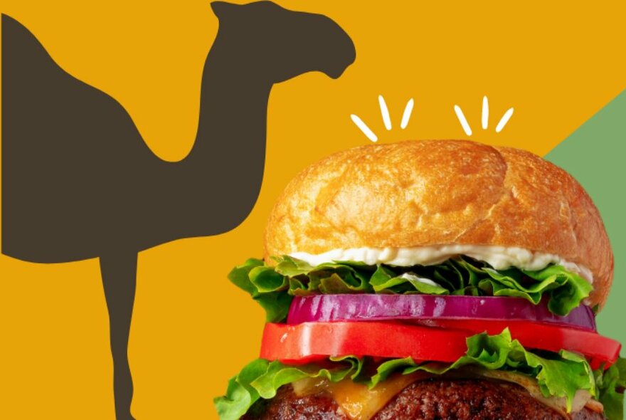Burger against illustrated background of camel.