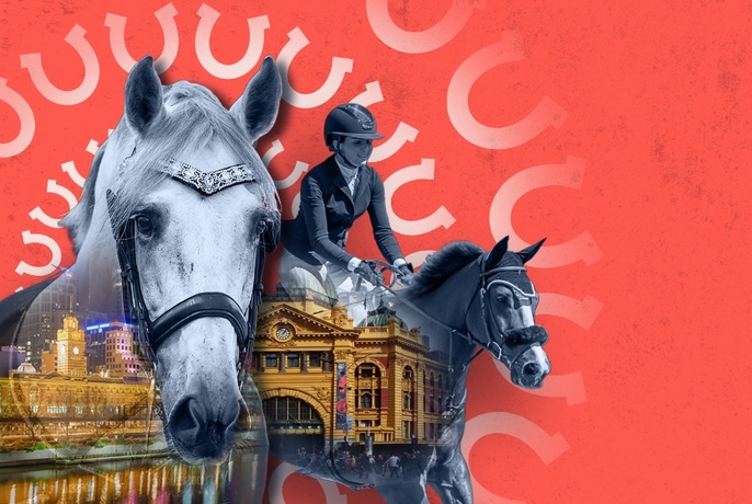 Montage of a horse's head, and a rider on a show horse, set against Flinders Street Station façade.