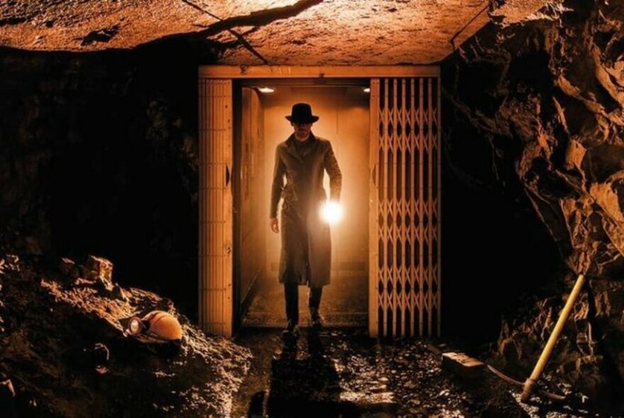 Man in hat and long coat entering a cave with a torch.