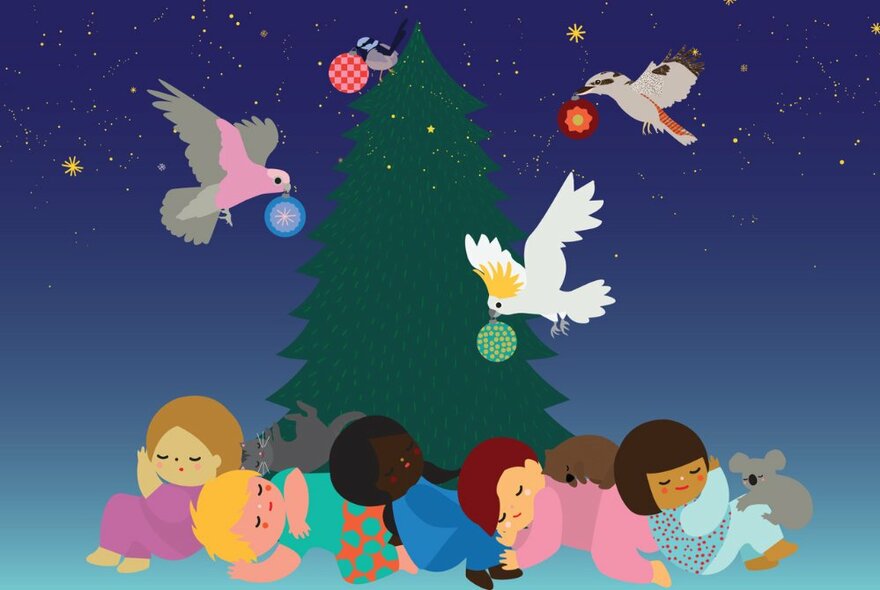 An animation of a christmas tree, with australian birds holding baubles in their beaks, and five children cuddling up with australian animals, asleep beneath the tree.