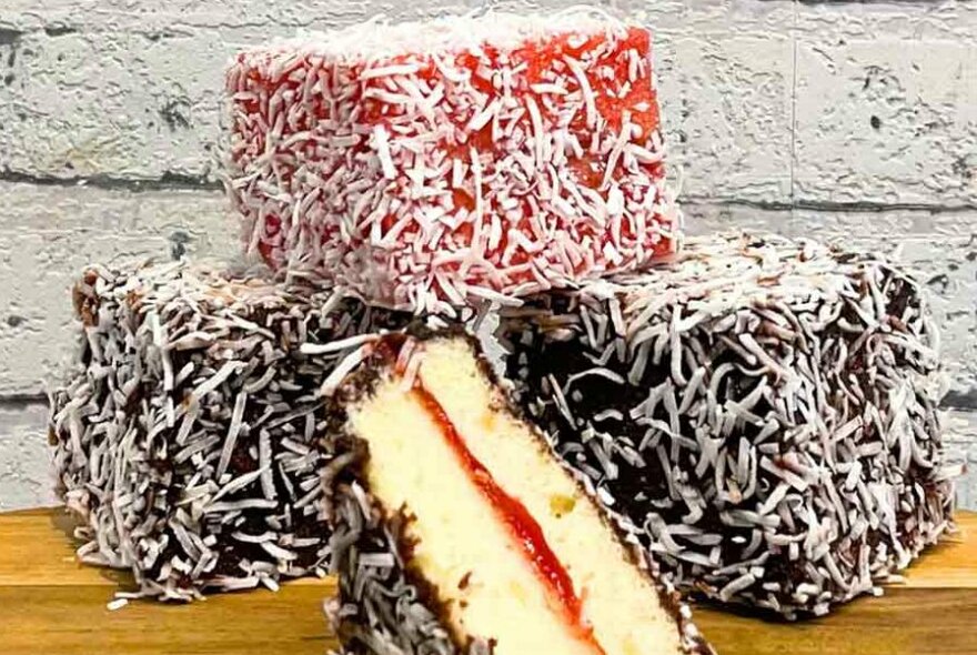 Three lamingtons stacked on top of each other