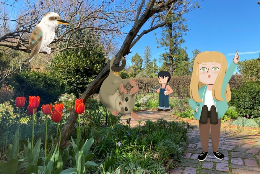 Two cartoon children, a kookaburra and a possum on a real-life background of a paved garden path with a tree and red flowers.