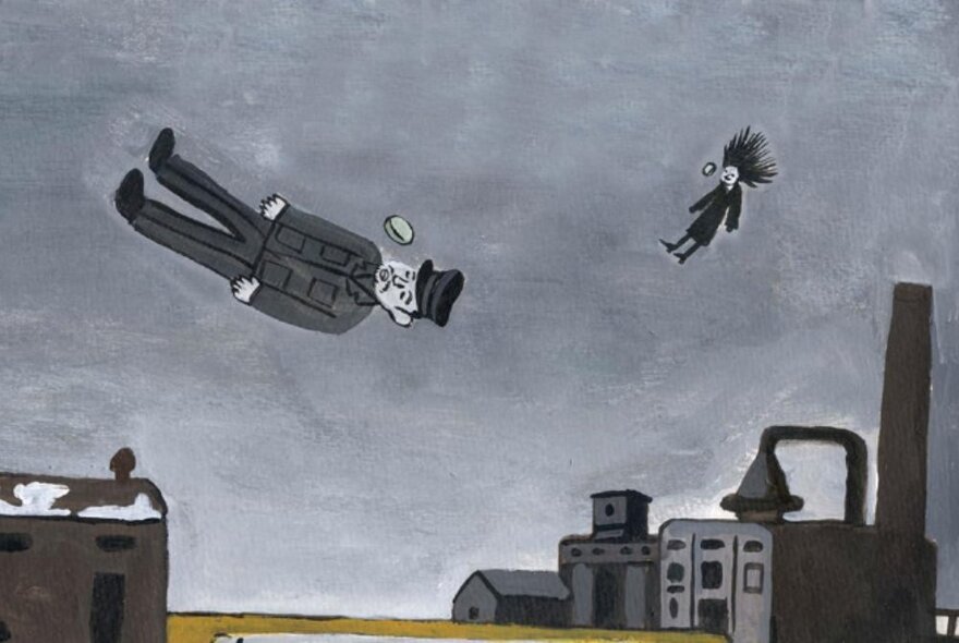 Cartoon of people flying in the air over a town against a grey sky.