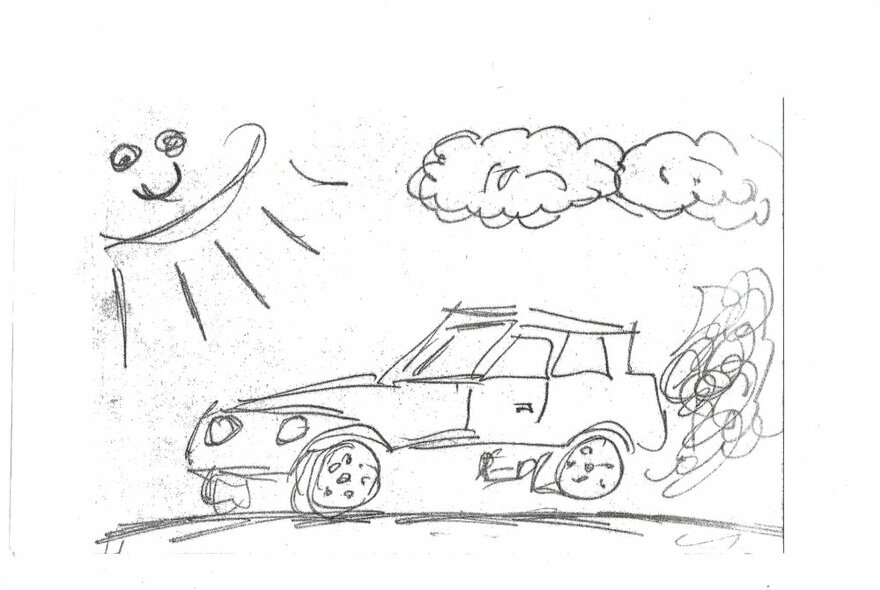 Simple pencil line drawing of a car, clouds and the sun.