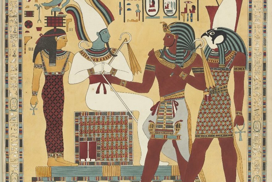 Ancient Egyptian-style illustration of four figures in a row, in yellow and burgundy hues.