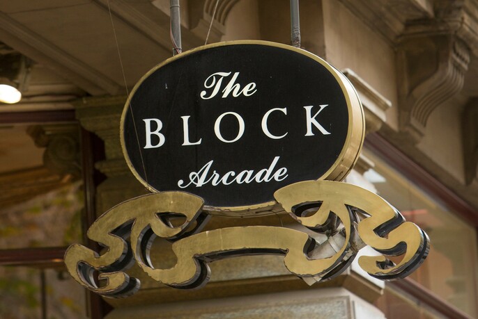Ornate sign for The Block Arcade.