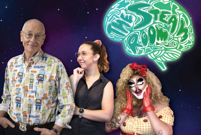 Dr Karl standing with two o ther people, one wearing trans make-up, against a starry sky.