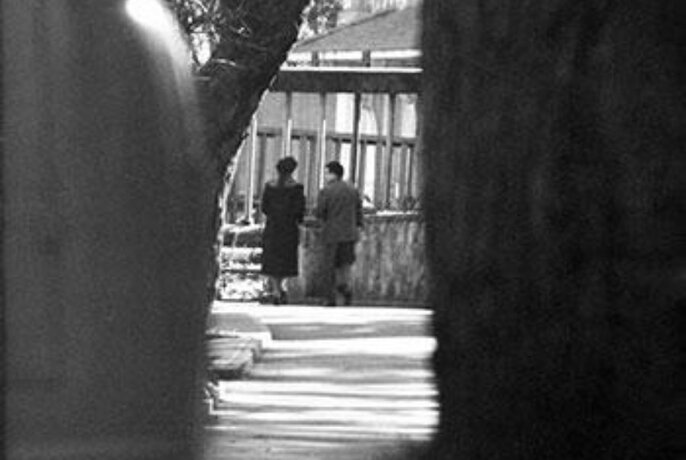 Black and white image of two people walking together in the far distance down a path, the foreground of the image partially obscured on either side.