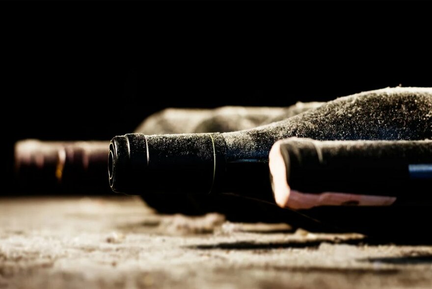 Three dusty bottles of vintage wine laying on their side in a darkened environment.