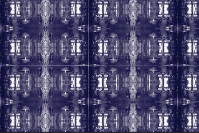 Digitally enhanced image of an architectural form repeated so it looks like a pattern.