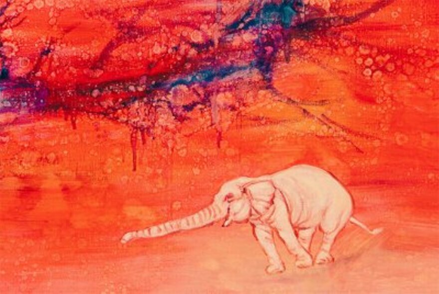 Artwork of an elephant on a bright red painted background.