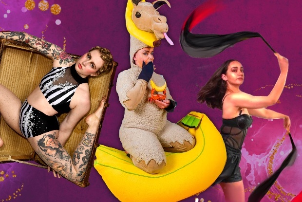 Three performers against purple background: at left, contorting to fit in suitcase; in middle, in giraffe costume seated on banana; third in black scrappy dress waving black streamers.
