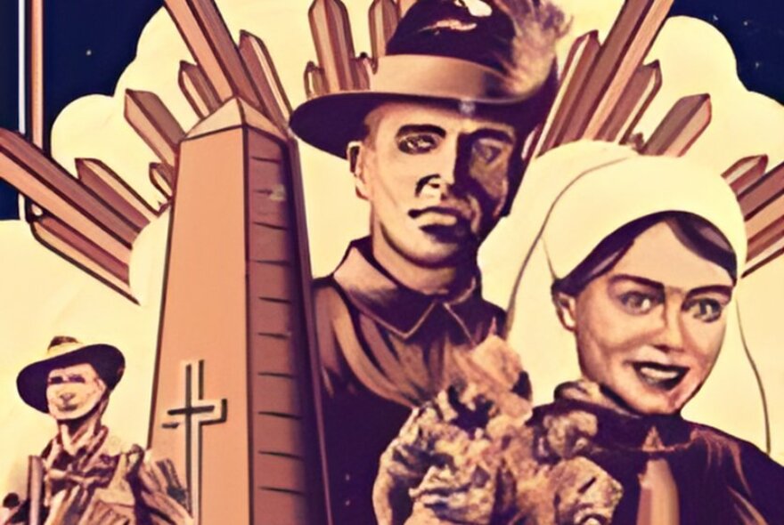 A two-tone illustration showing a digger or soldier, a nurse and an obelisk in a style reminiscent of the 1910s or a WWI poster.