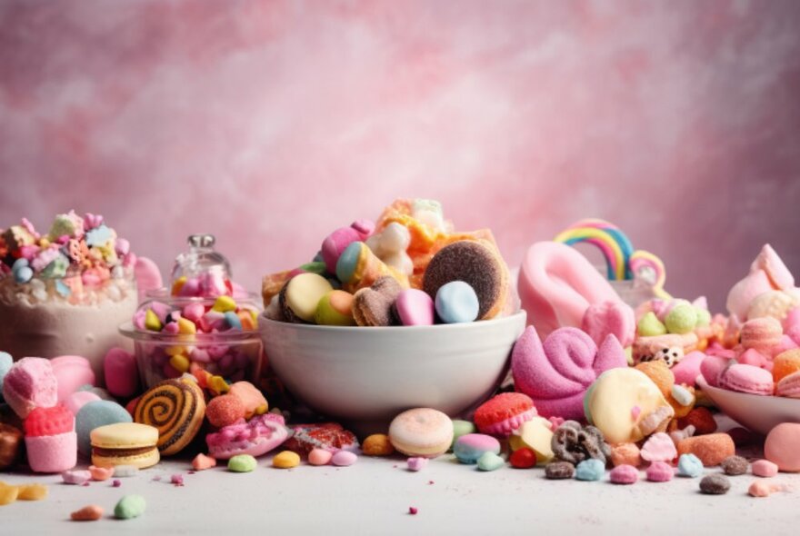 A table filled with sweets, lollies and candy in different colours, shapes and sizes, set against a pink backdrop.