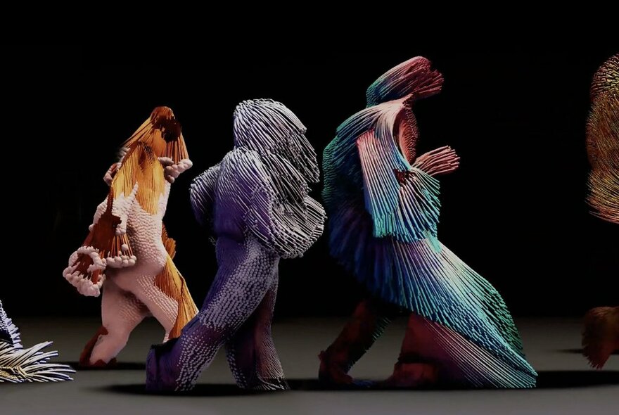 Video still of multi-coloured animated creatures walking along.