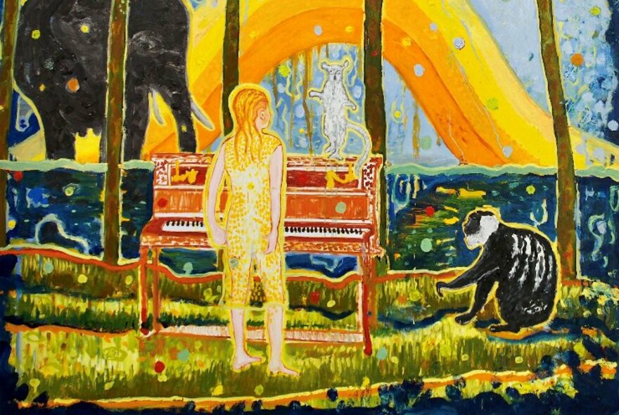 Colourful artwork of a person standing in front of a keyboard next to a monkey in a landscape.