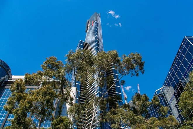 Looking up at Eureka Tower from street level.