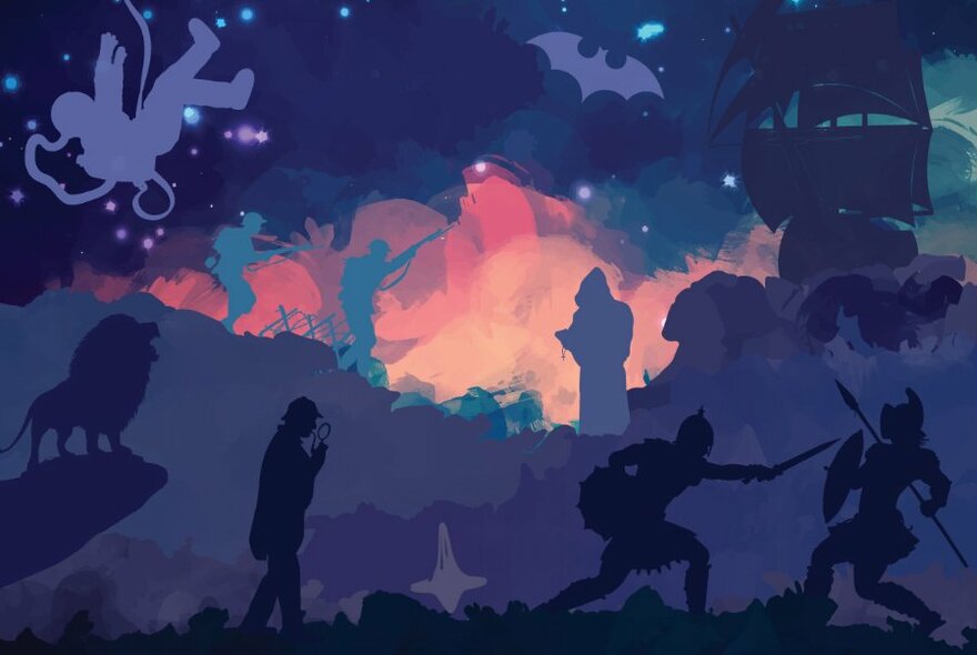 Cartoon style depiction of silhouetted figures against a purple and orange backdrop.