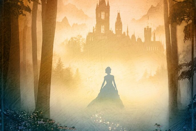 Silhouette of a woman in a dress against a smoky golden backdrop of a castle on a hill and trees in a forest.