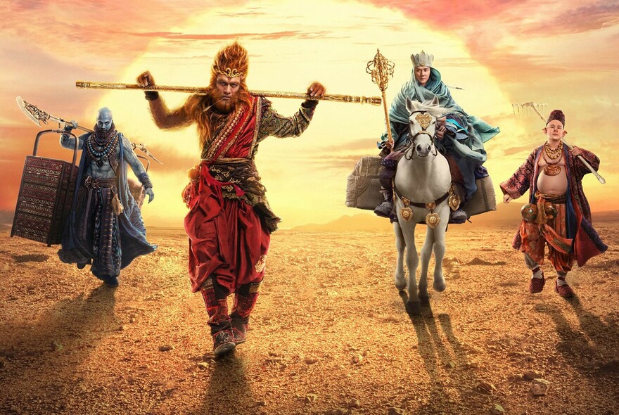 Depiction of characters from Journey to the West, including monkey and priest.