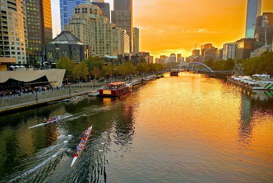 People rowing a rowboat on the Yarra River in Melbourne CBD.