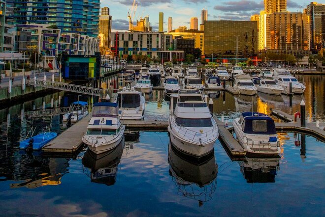 Yachts and boats moored at the Melbourne City Marina.