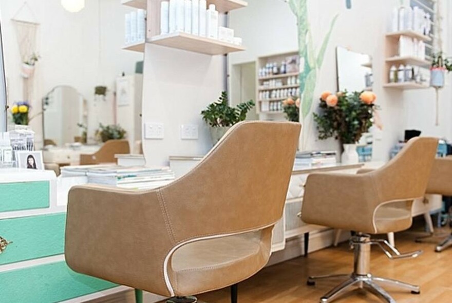 Retro fawn salon chairs inside Kenny and the Sunshine Girls.