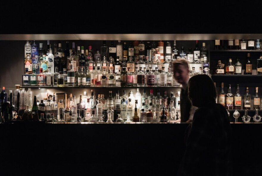 Silhouette of a person at a bar, with a brightly lit bar area of shelves filled with bottle of alcohol in the background.