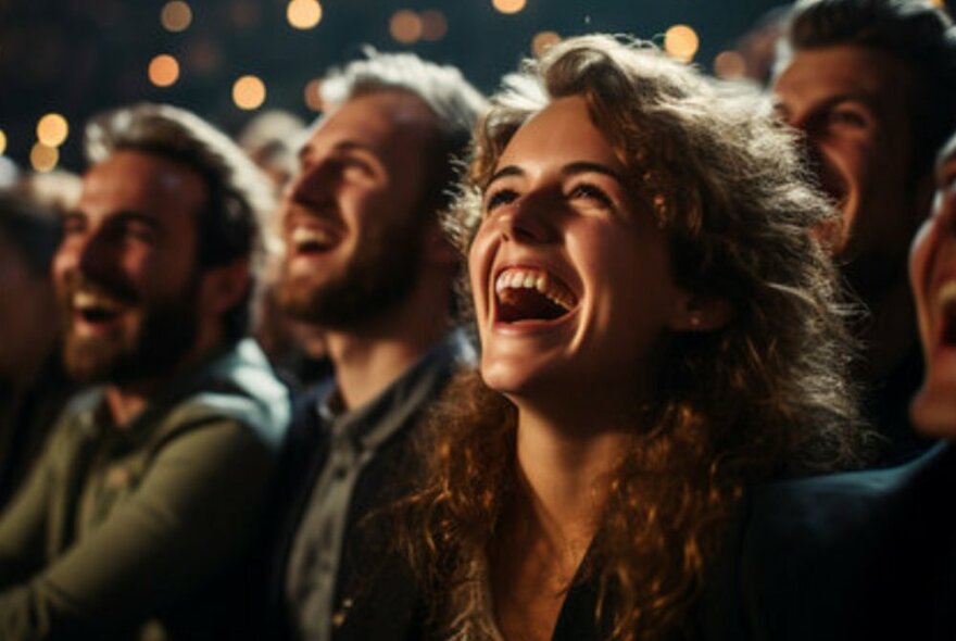 Seated rows of people laughing in a darkly lit venue.