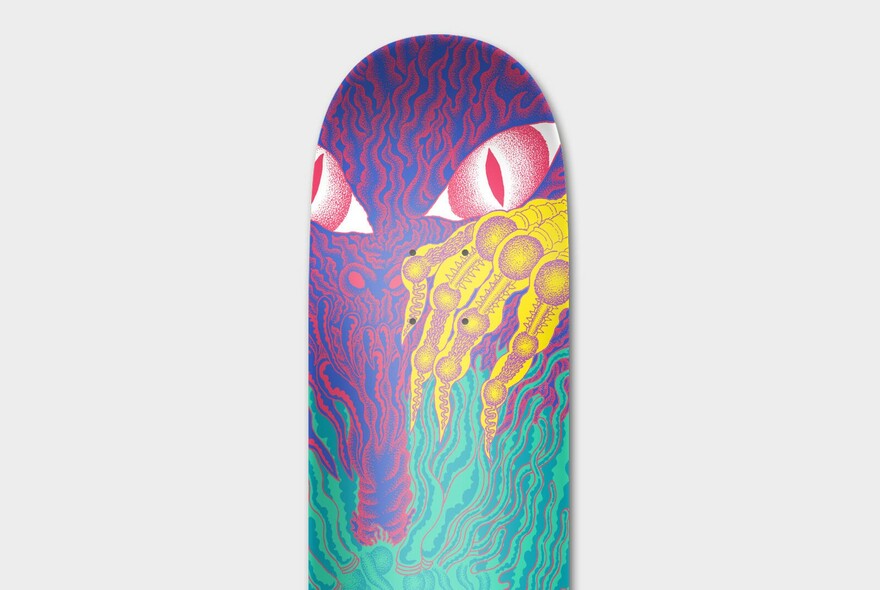 Surf board with psychedelic design.