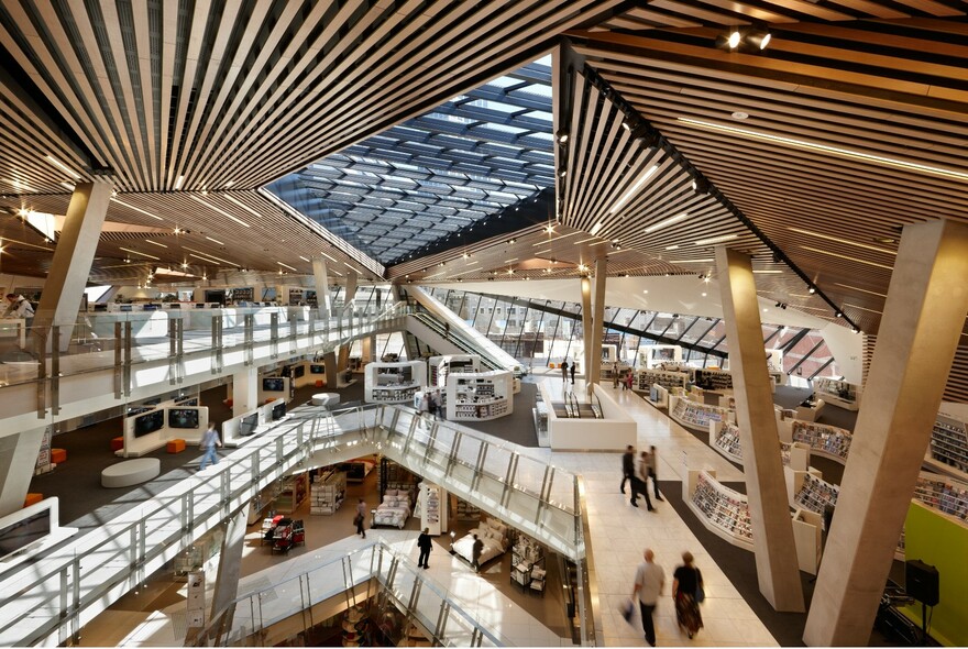 Multi-level walkways and shop floors inside Myer store in Bourke Street Mall.