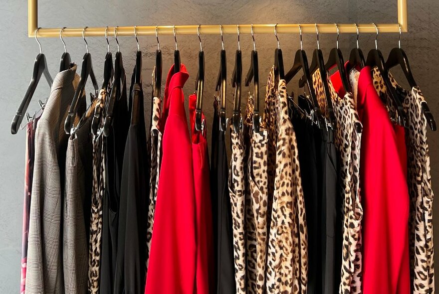 A rack of black, red and leopard women's clothes.