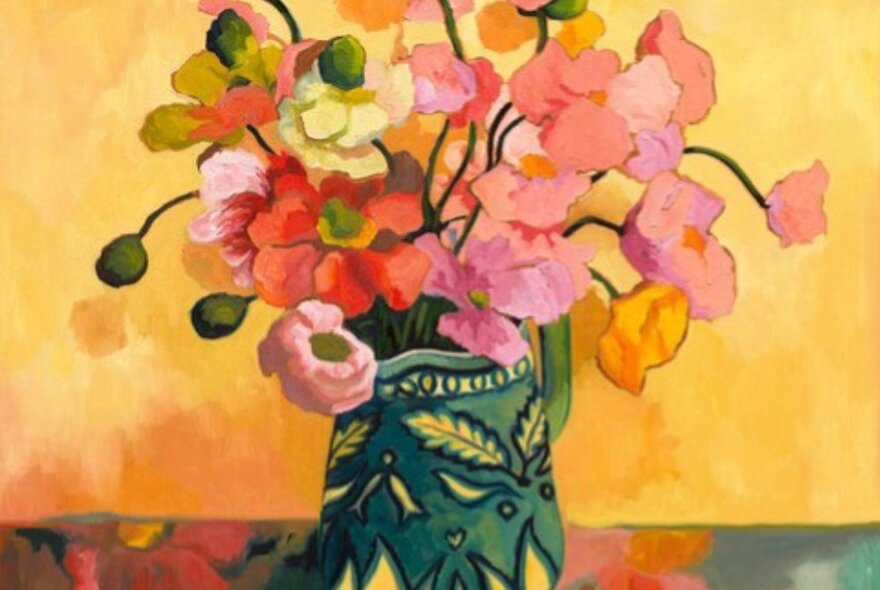Still-life oil painting by Lucila Zentner of a green patterned vase with pinky-orange toned flowers and a yellow background.
