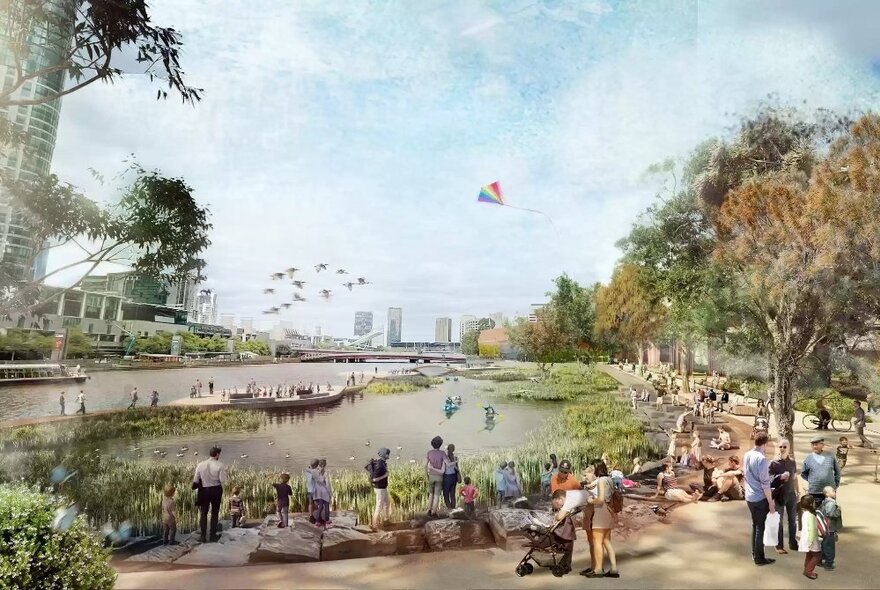 An artist's impression of the North Bank of the Yarra River in Melbourne, with people enjoying the landscape, blue skies and a kite.